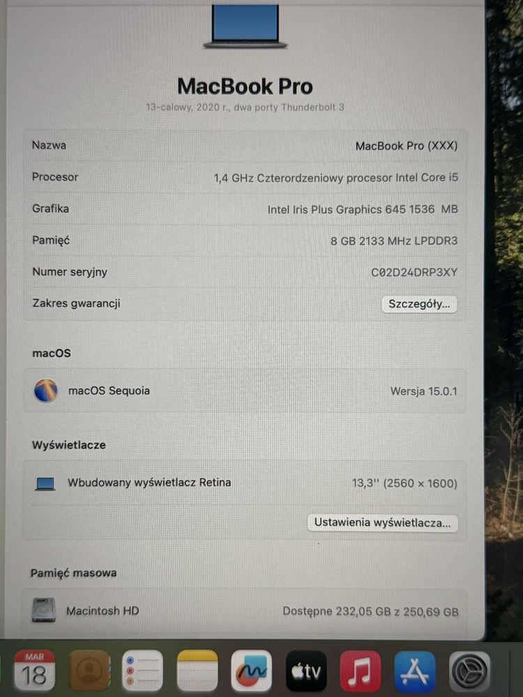 Macbook Pro 13 2020r, 8/256GB, bez blokad, komplet