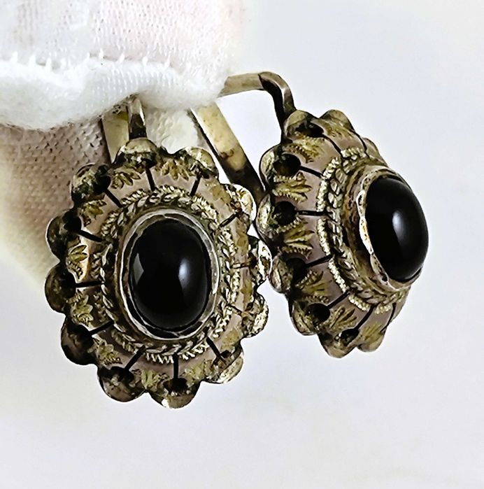 Серебряный набор с ониксом:серьги+кольцо. Сделано в СССР. 925 "Звезда"