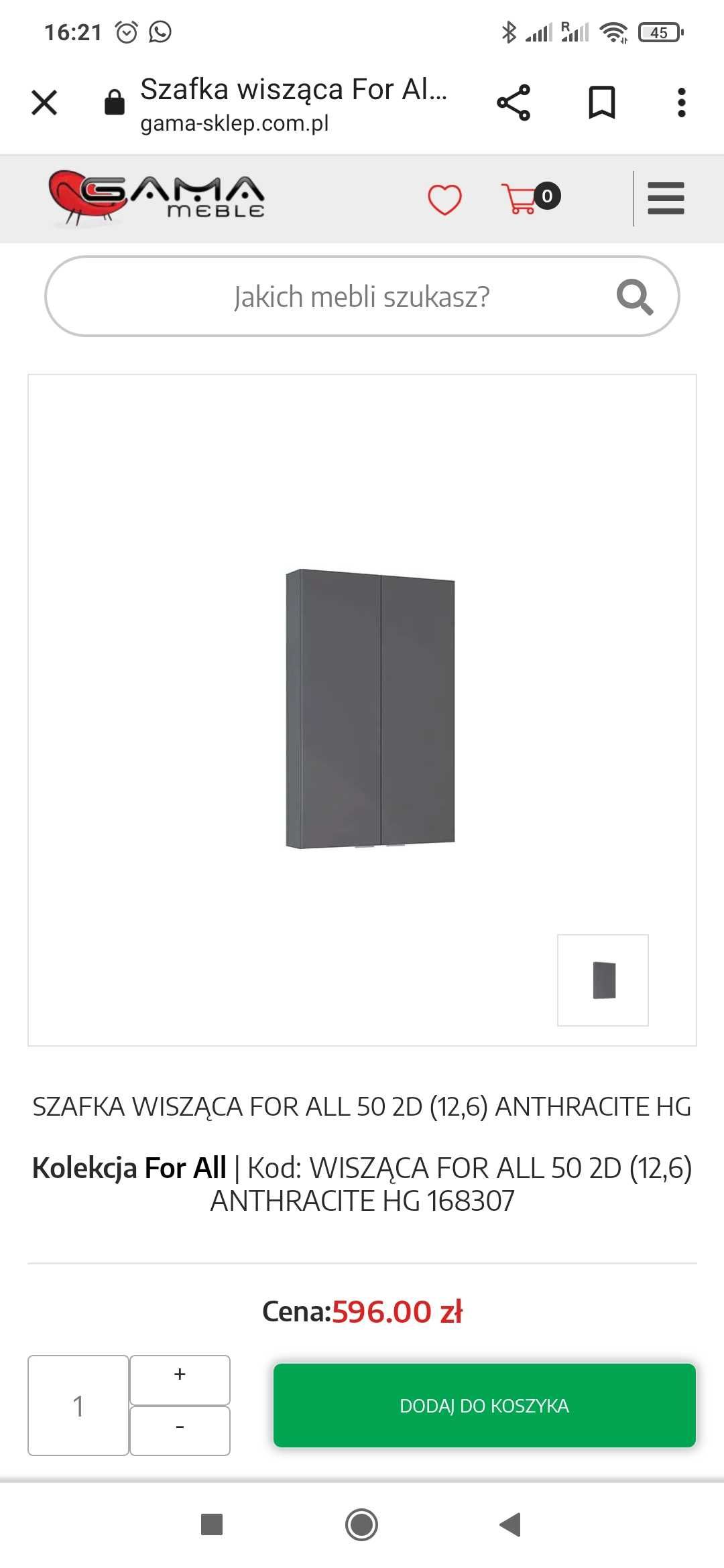 Nowa szafka łazienkowa kolor Antracyt 50 cm szeroka, 80 cm wydoka