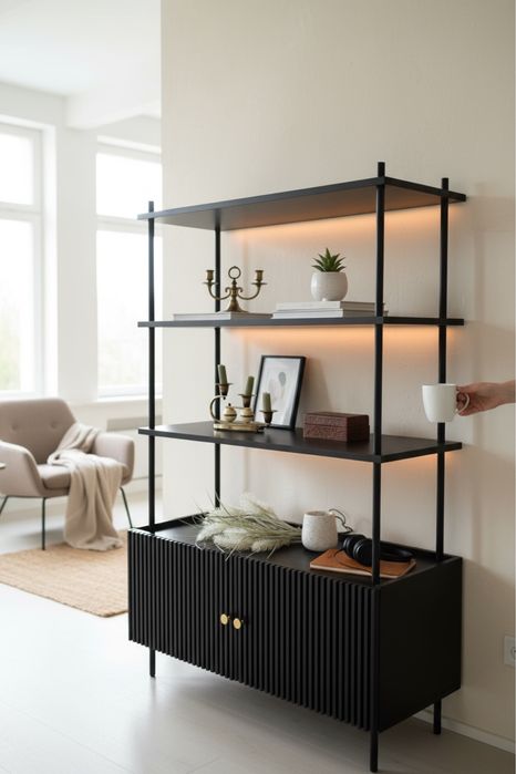 Czarny czarna loft drewniany regał witryna otwarta komoda z nadstawką