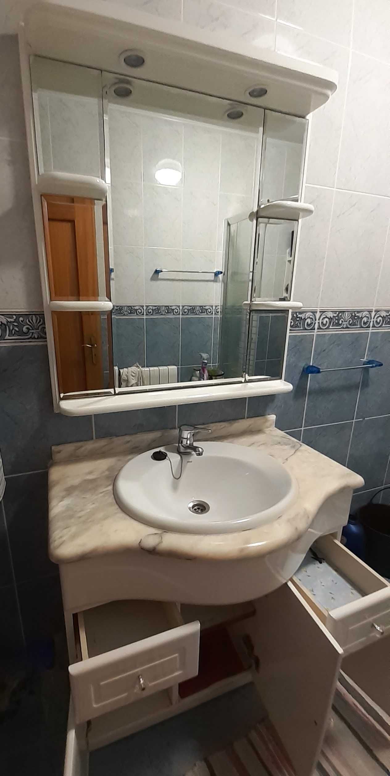 móvel de wc + lavatório + tampo em mármore + espelho, 90 cm