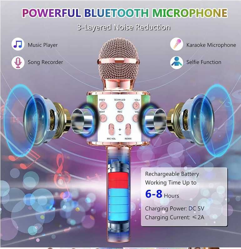 Wowstar Mikrofon Bluetooth do karaoke, bezprzewodowy mikrofon LED