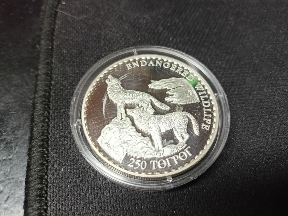 Moneta srebrna 1992 Mongolia Wilki