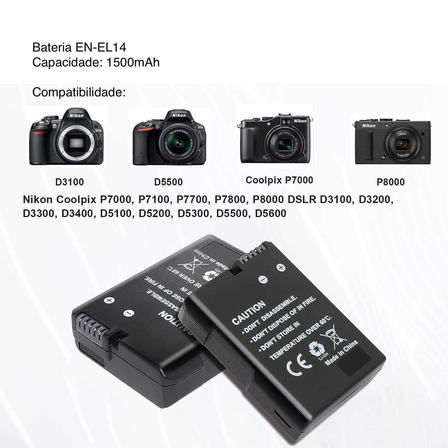 Bateria Nikon EN-EL14 1500mAh para Nikon D3100 D3400 D5100 D5300 NOVA
