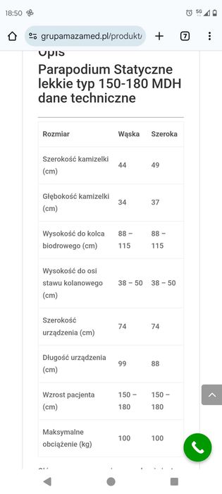 Sprzedam Parapodium statyczne PSL 150-180
