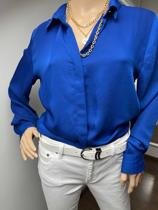 Bluzka H&M Głęboki Granat, Rozmiar L, Koszula do Biura Jedwabista