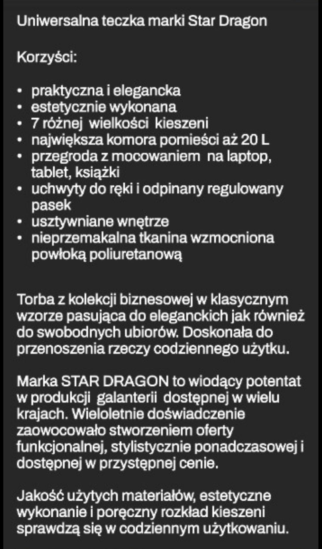 Torba podręczna teczka na laptopa  pakowna star dragon