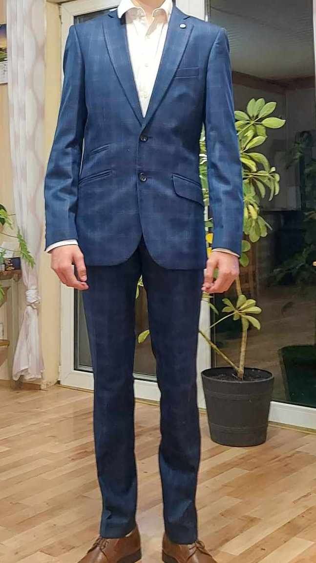 Granatowy w kratę Garnitur Męski