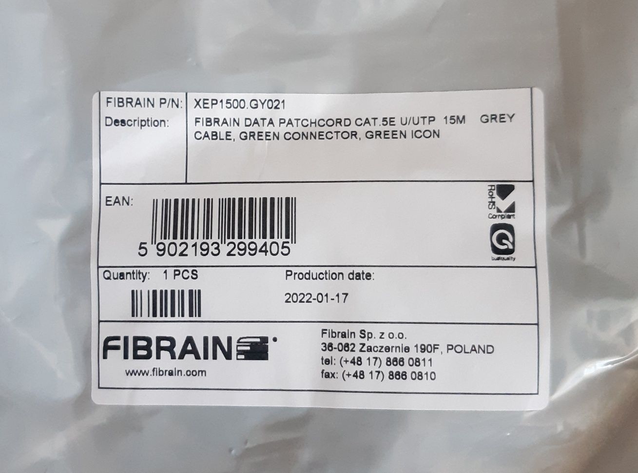 Fibrain kabel patchcord cat.5e U/UTP 15 metrów