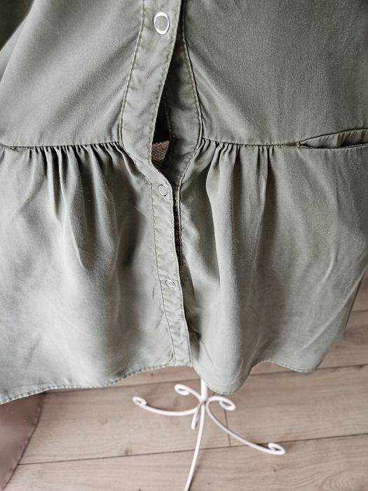 Oliwkowa sukienka z rękawem 3/4 koszulowa  damska Zara Basic lyocell S
