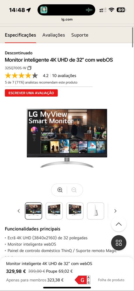 Monitor inteligente 4K UHD de 32" com webOS LG 32SQ700S