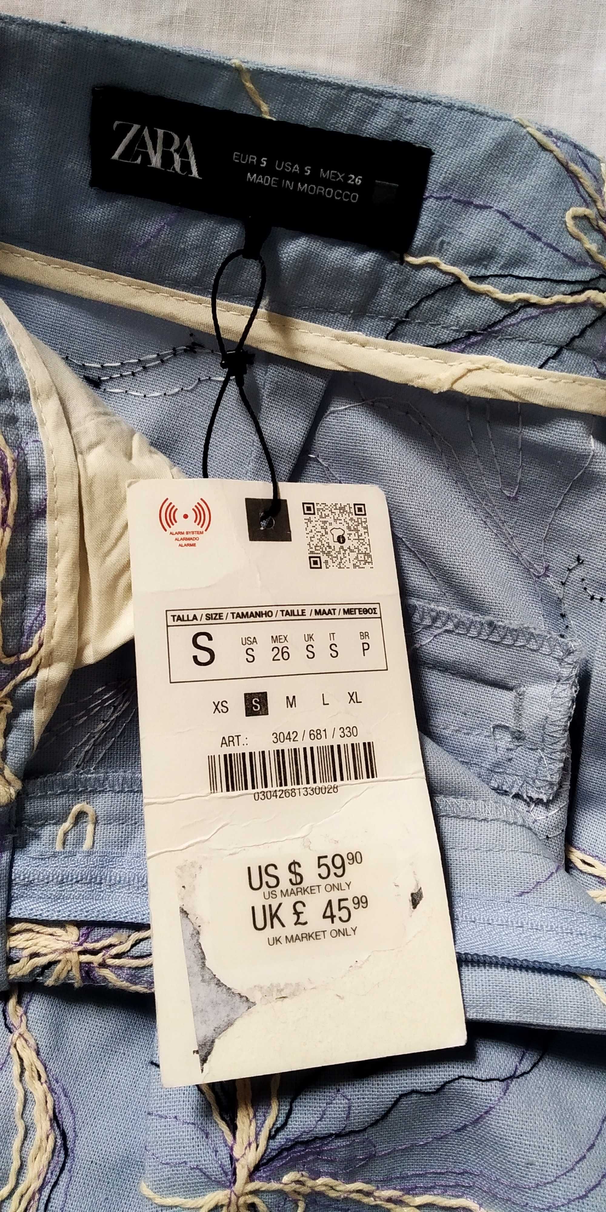 Брюки штаны ZARA голубые S с вышивкой, новые