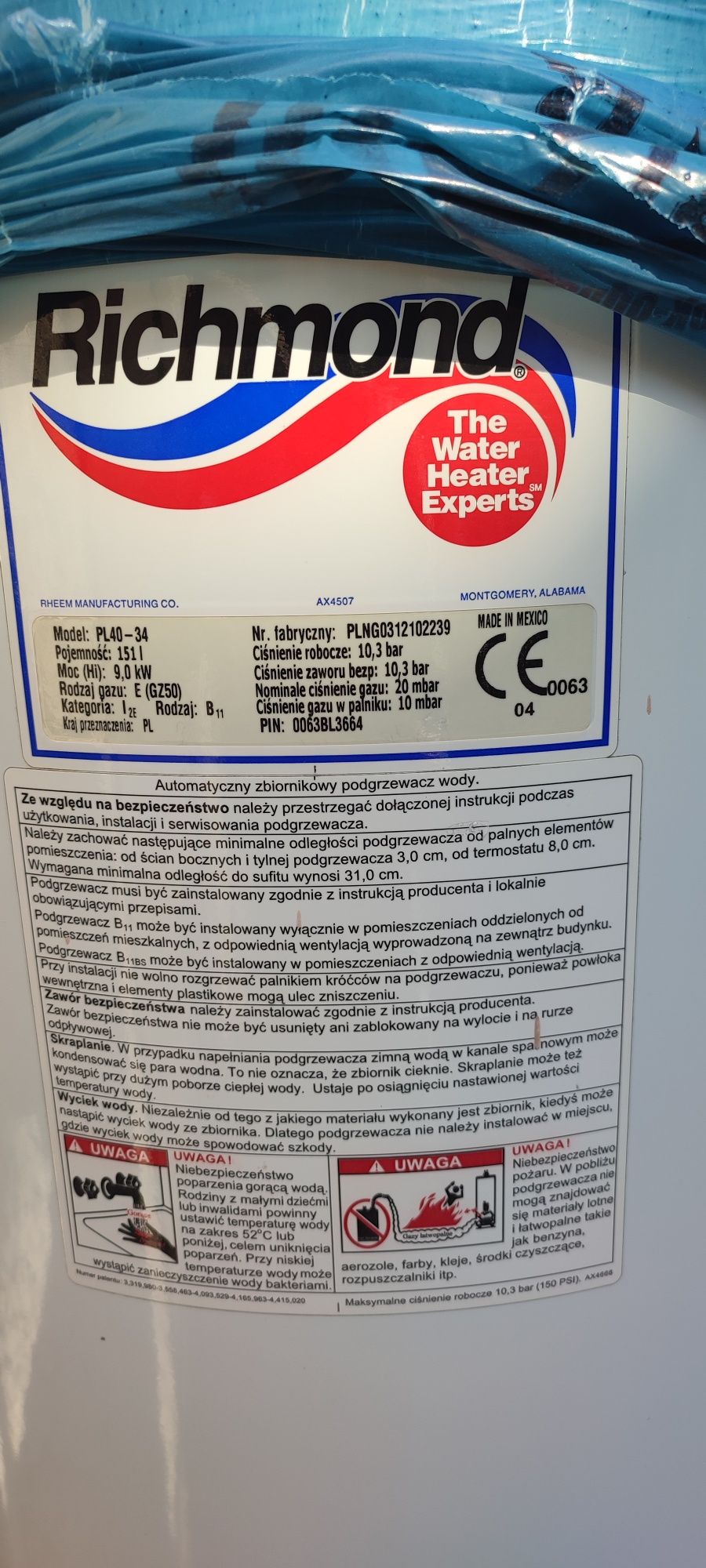 Podgrzewacz gazowy,hydroterma, RICHMOND 151l super stan