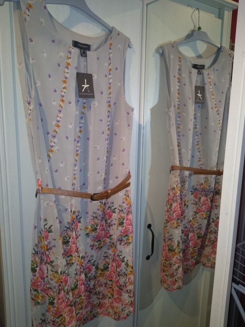 Sukienka Atmosphere Primark szara w kwiaty, z paskiem r. 38