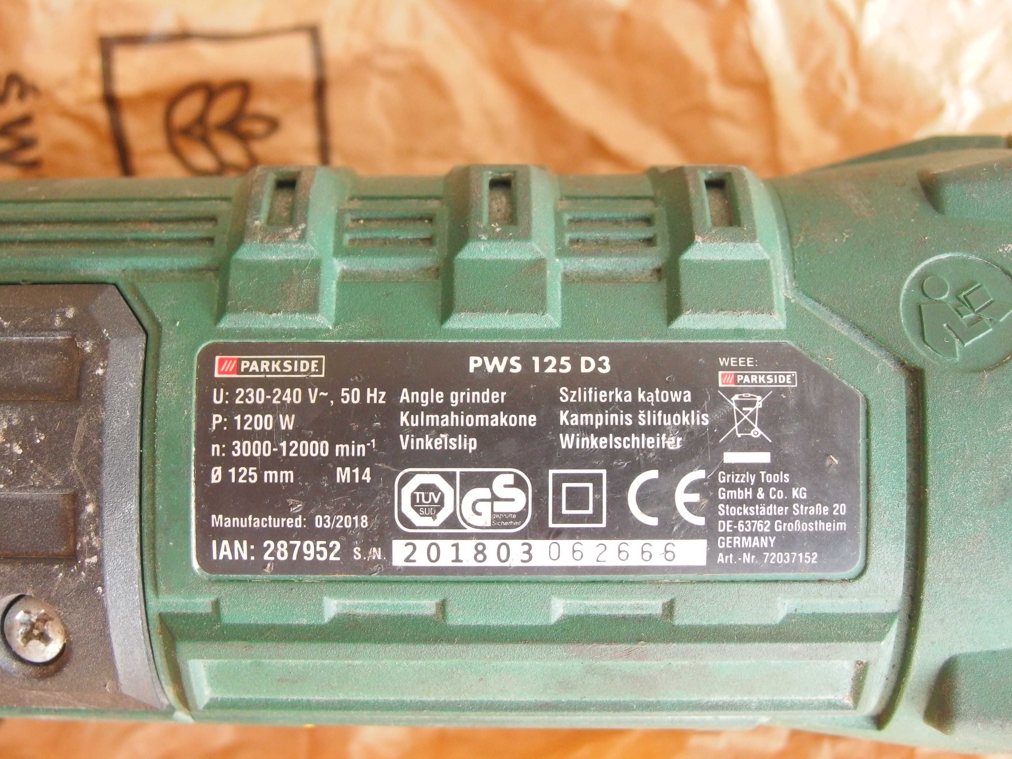 1200W uszkodzona szlifierka kątowa Parkside PWS-125  regulacja obrotów