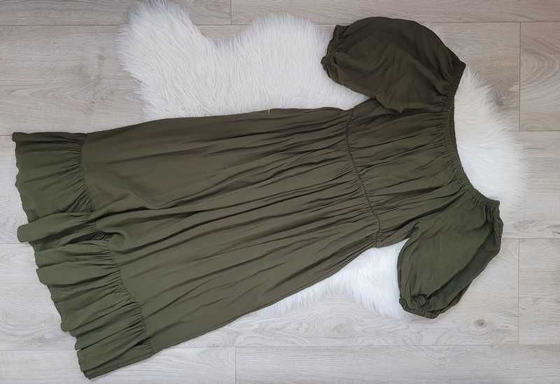 Zielona (khaki), letnia midi sukienka hiszpanka z falbaną, M (38)