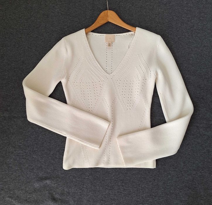 Sweter z Dekoltem V H&M Długie rękawy Kremowy XS/S
