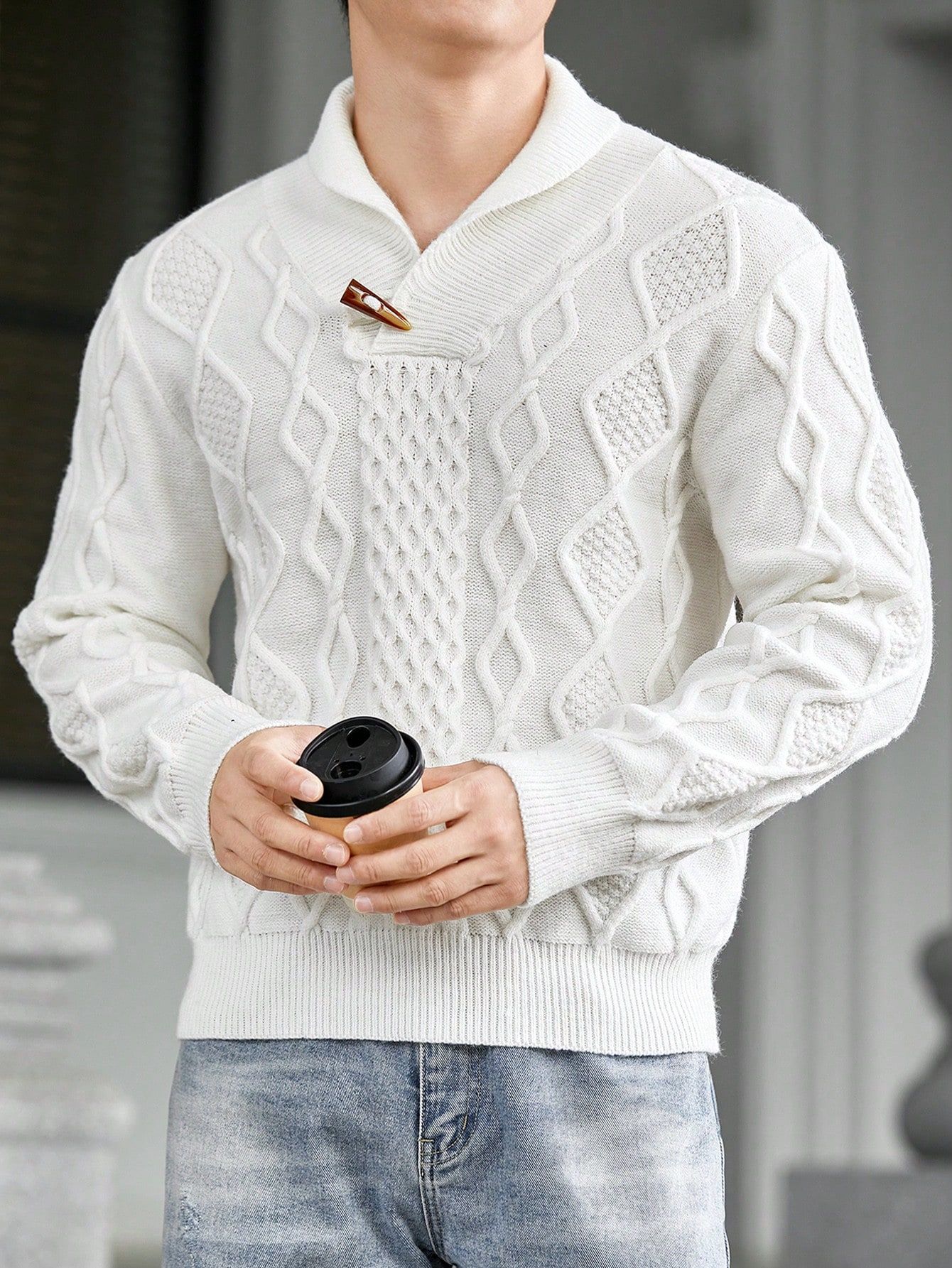 Sweter Męski Z Kołnierzykiem Biały Teksturowany Casual Shein M