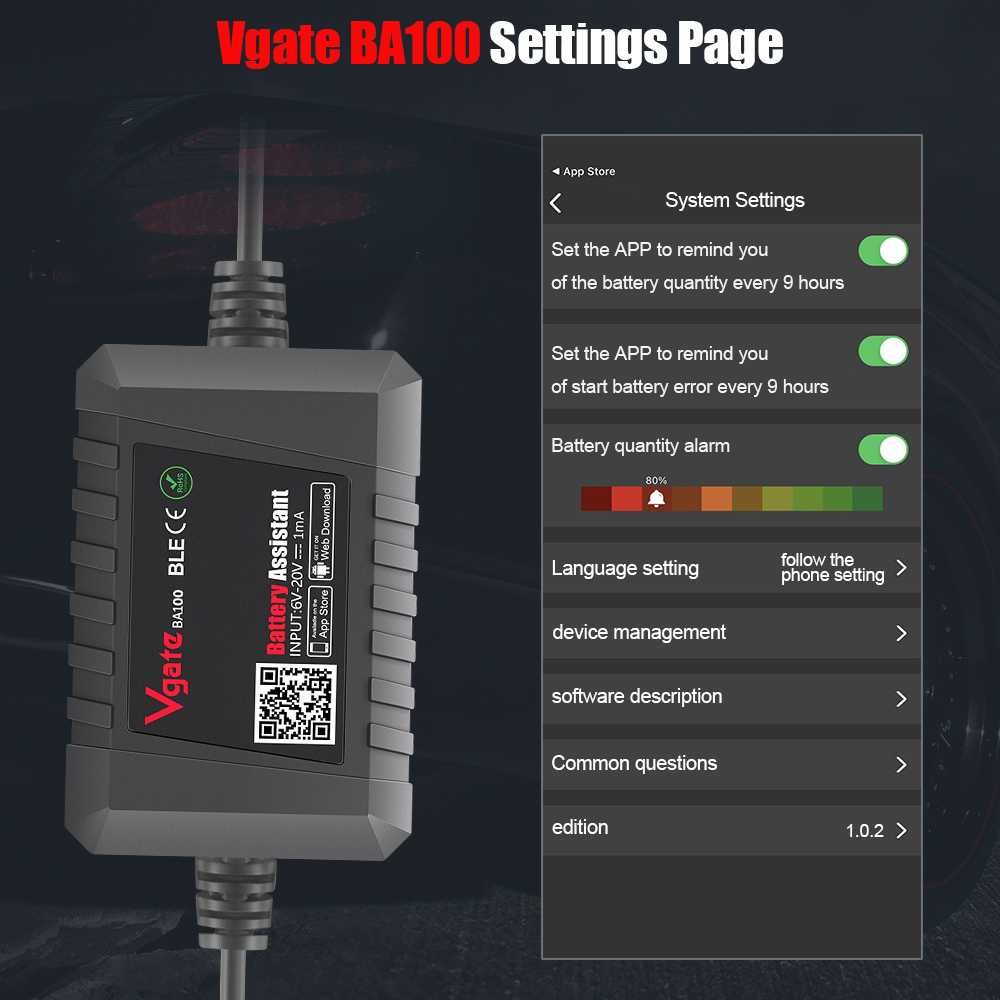 Miernik tester akumulatorów samochodowych Vgate BA100 12V Bluetooth