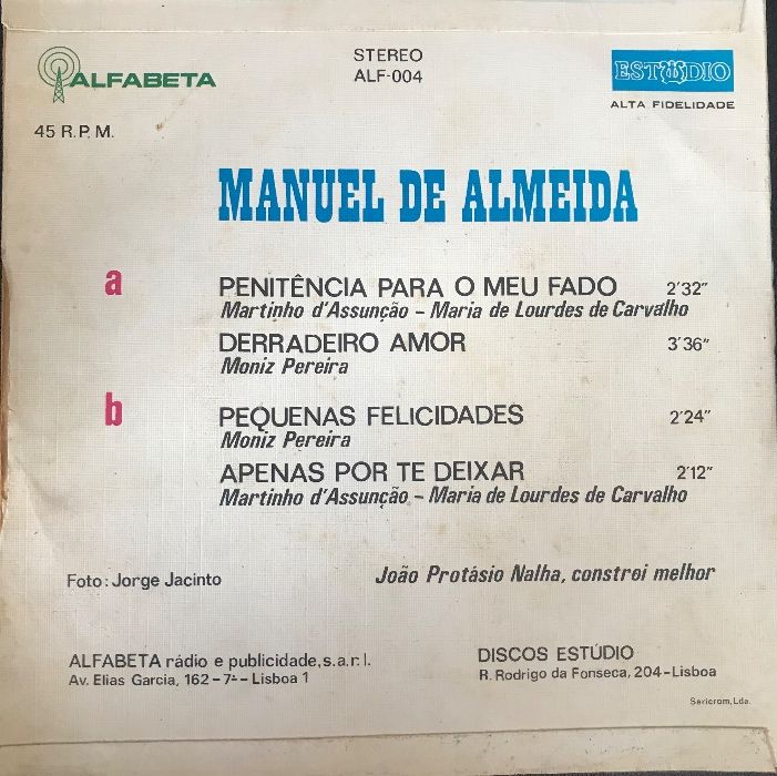 Disco Vinil - Manuel De Almeida ‎– Penitencia Para O Meu Fado