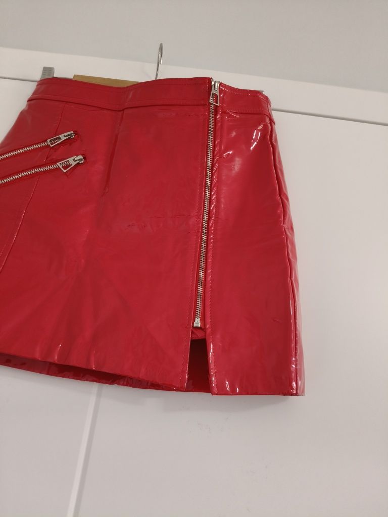 Latex skirt Red leather lateksowa spódnica skórzana M
