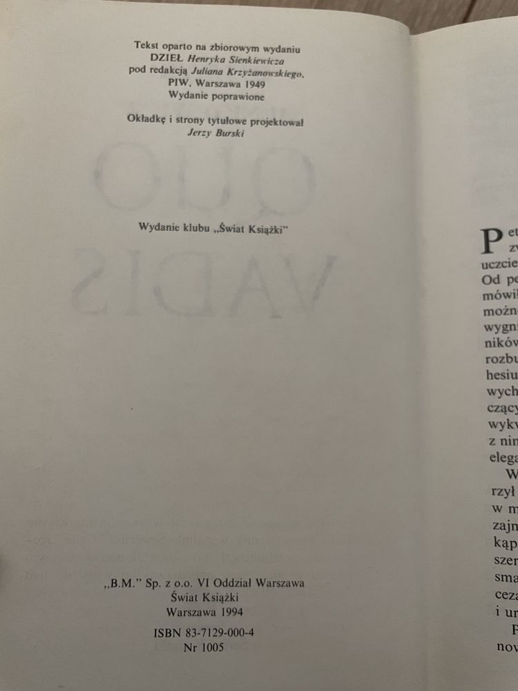 Książka „Quo Vadis“ H. Sienkiewicz