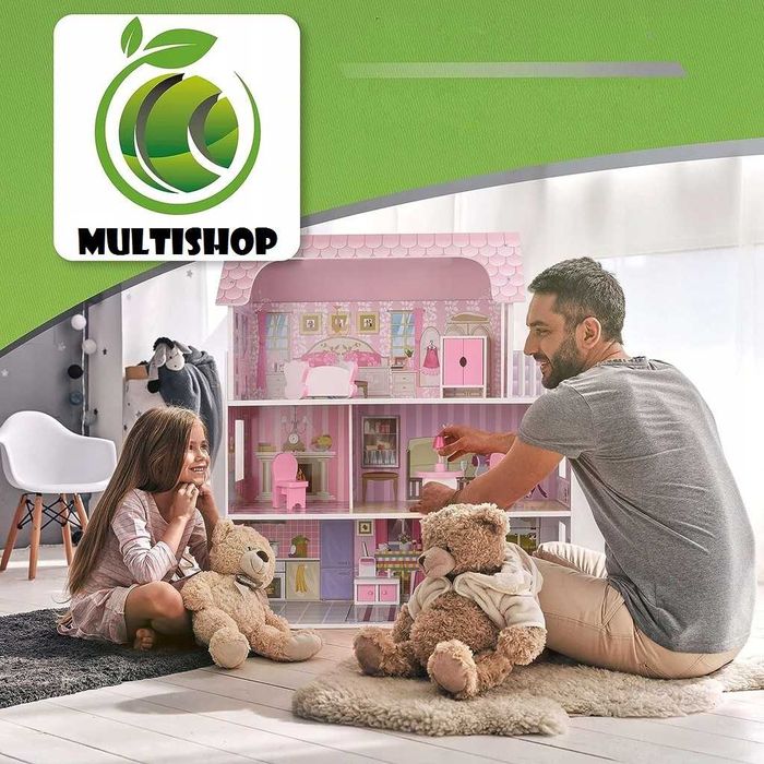 Duży drewniany domek dla lalek barbie willa led