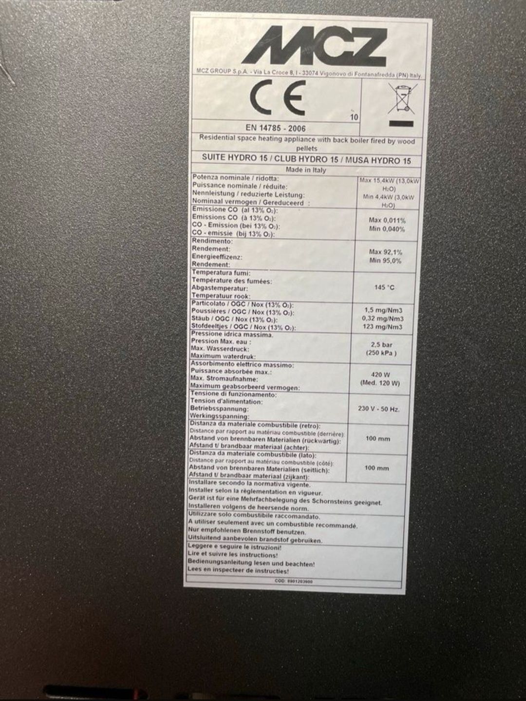 Piec, piecyk, kominek na pellet z płaszczem wodnym MCZ Musa Hydro 15