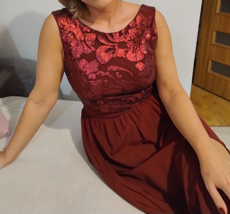 Długa elegancka bordowa sukienka z rozporkiem karnawał wesele 38/40