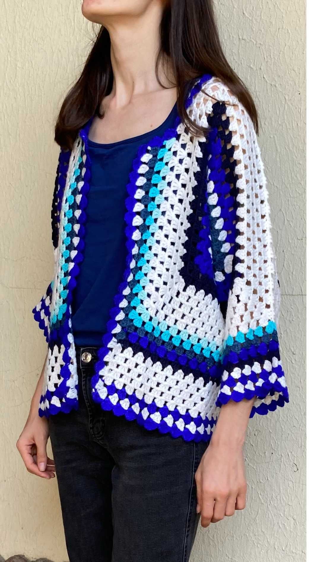 Crochet cardigan mulher /  lã feito a mao /  azul oscuro