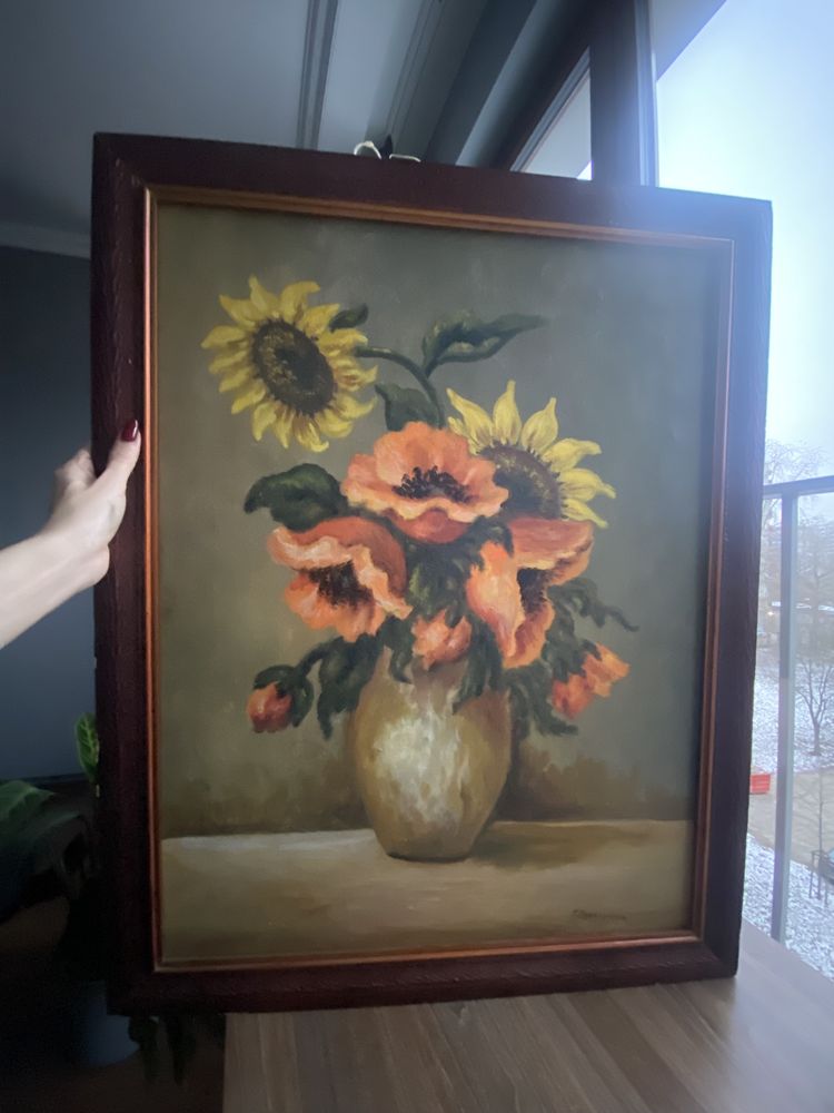 Prawdziwy obraz kwiaty, stary z podpisem J Dyczkowska