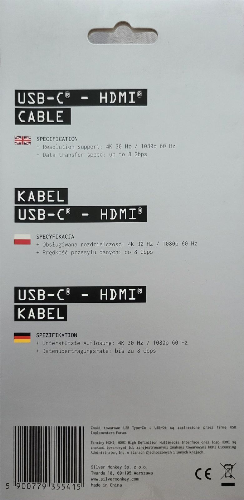 Kabel USB-C - HDMI 1.4 Silver Monkey 1,8m