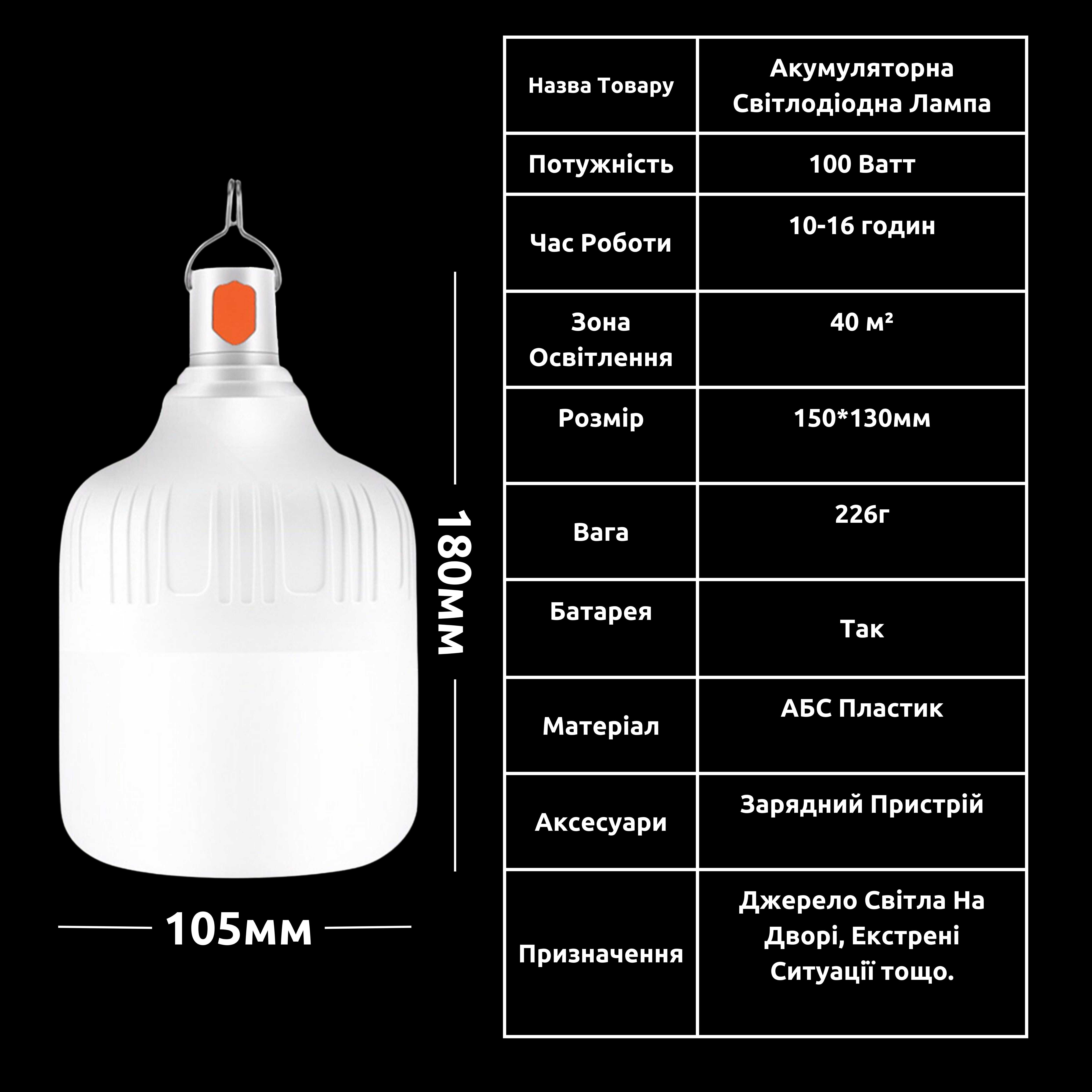 LED лампа 100W з USB зарядкою і аккумулятором 18650