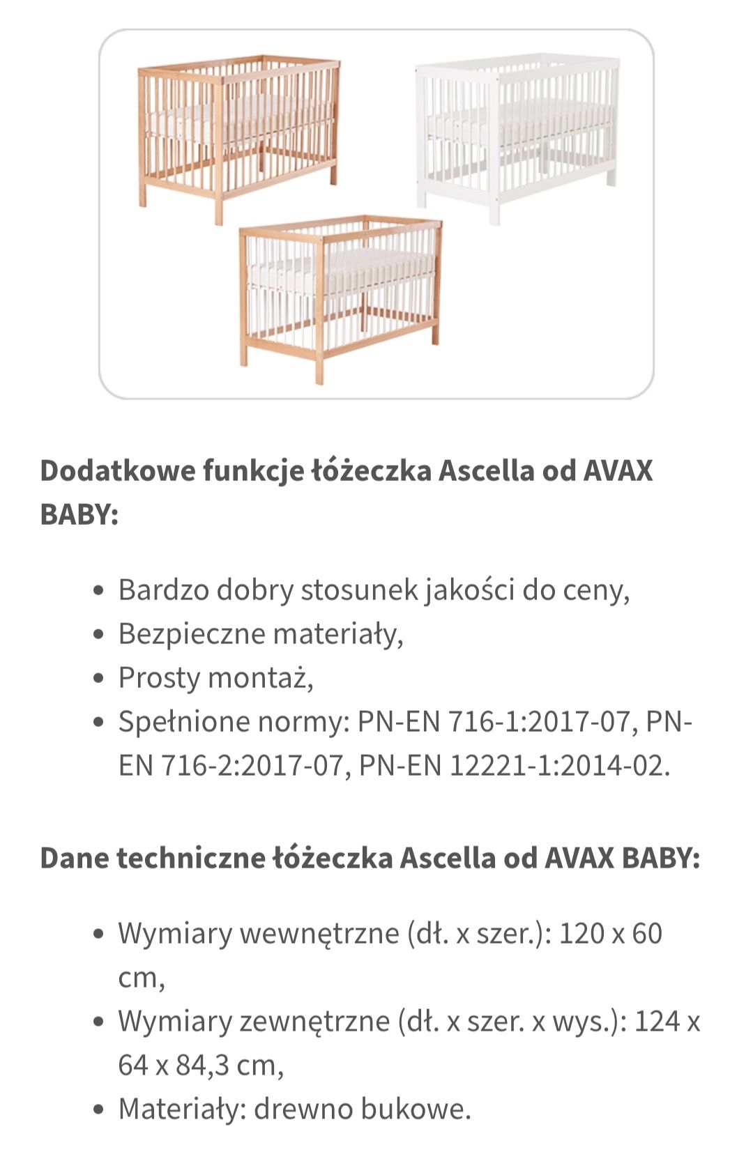 Łóżeczko bukowe 120x60 AVAX BABY Ascella gratis barierka + materac