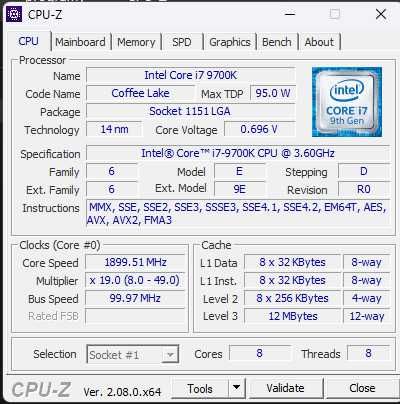Procesor Intel Core i7-9700K 8 x 3,6 GHz gen. 9 LGA 1151