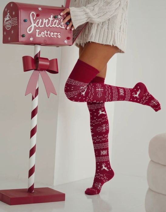 Burgundowe bordowe zakolanówki świąteczne norweski wzór Milena 37-41