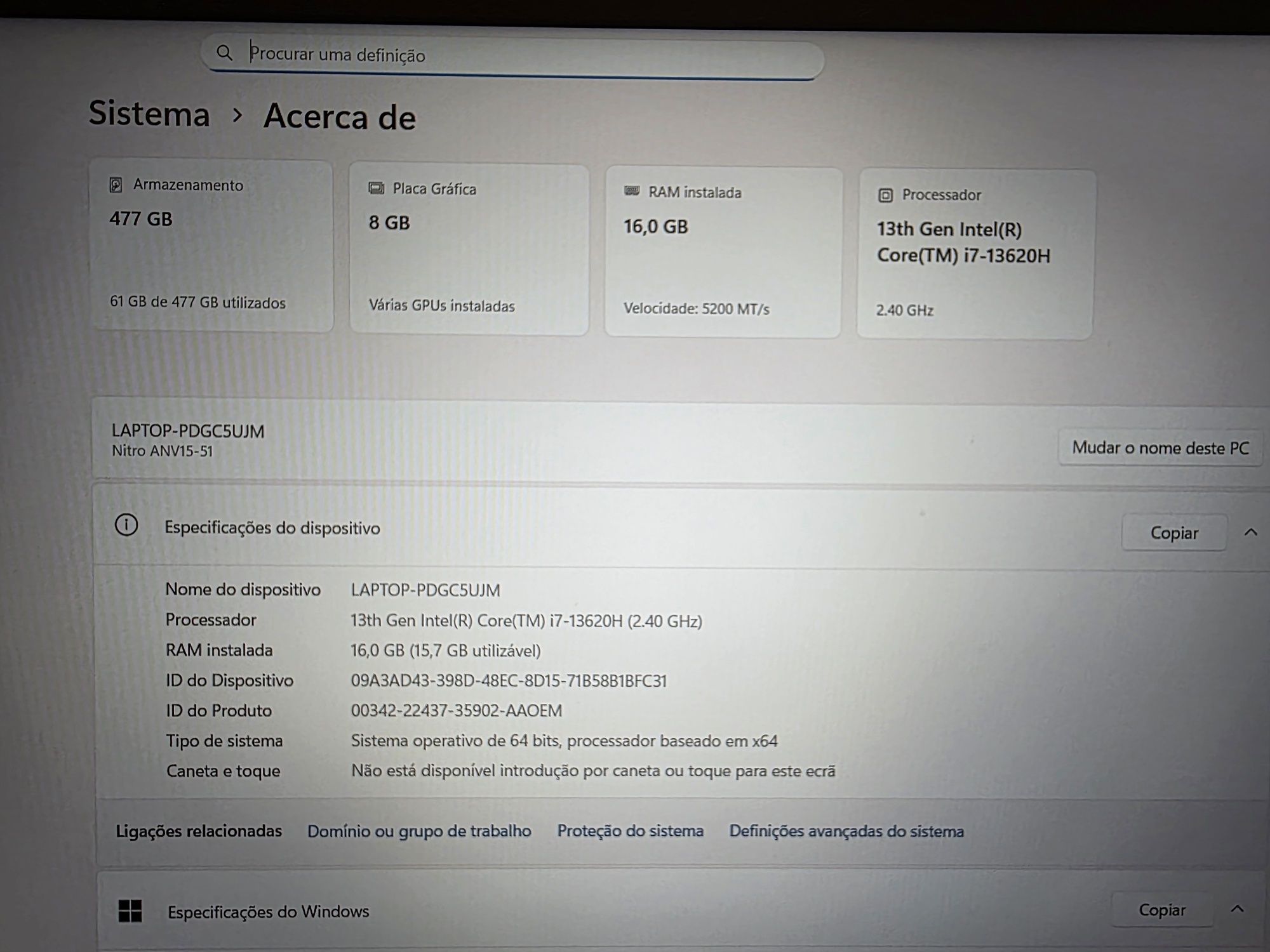 Acer Nitro V RTX 4060 i7 13th 16GB 512GB ESTREAR. Troca/retoma. Fatura