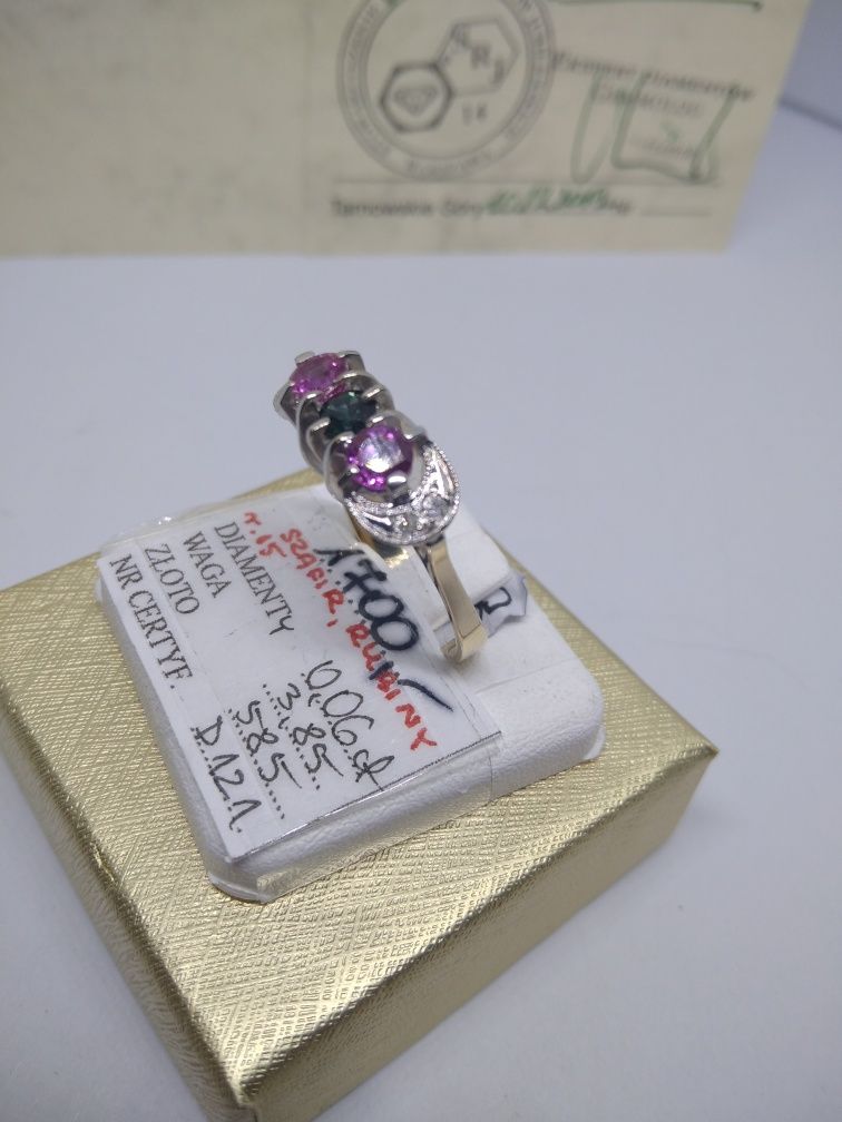 Złoty pierścionek diament, szafir, rubiny złoto 585 R15  321