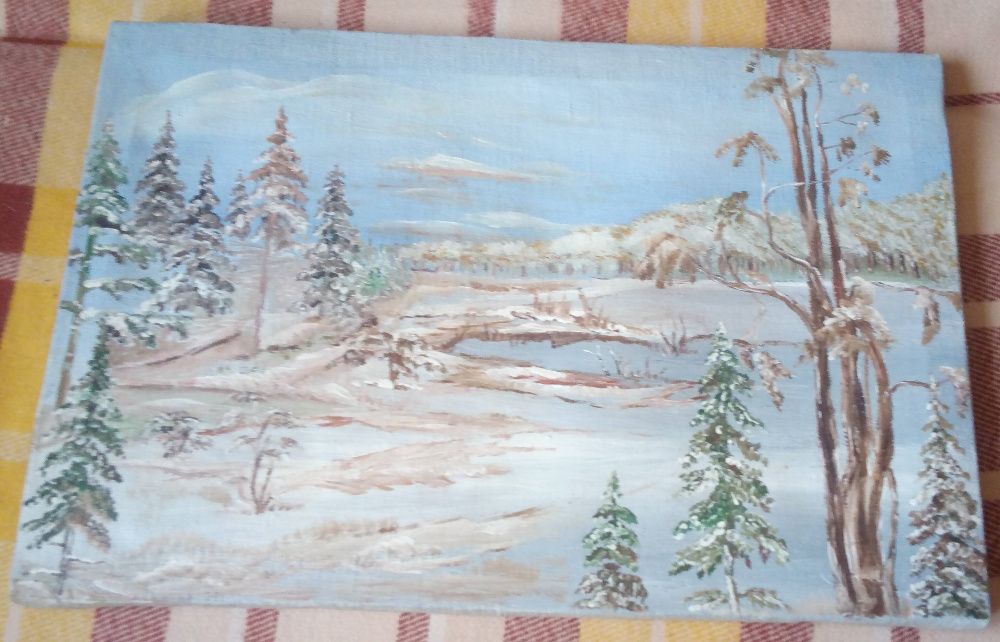 Stary obraz olejny na płótnie ze strychu -las zimą