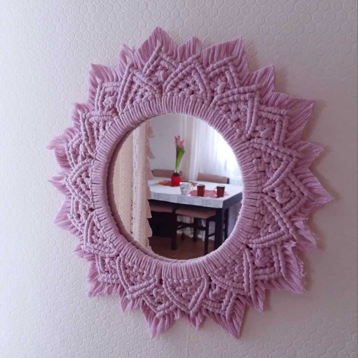 Lustro z makramą - różowe - handmade