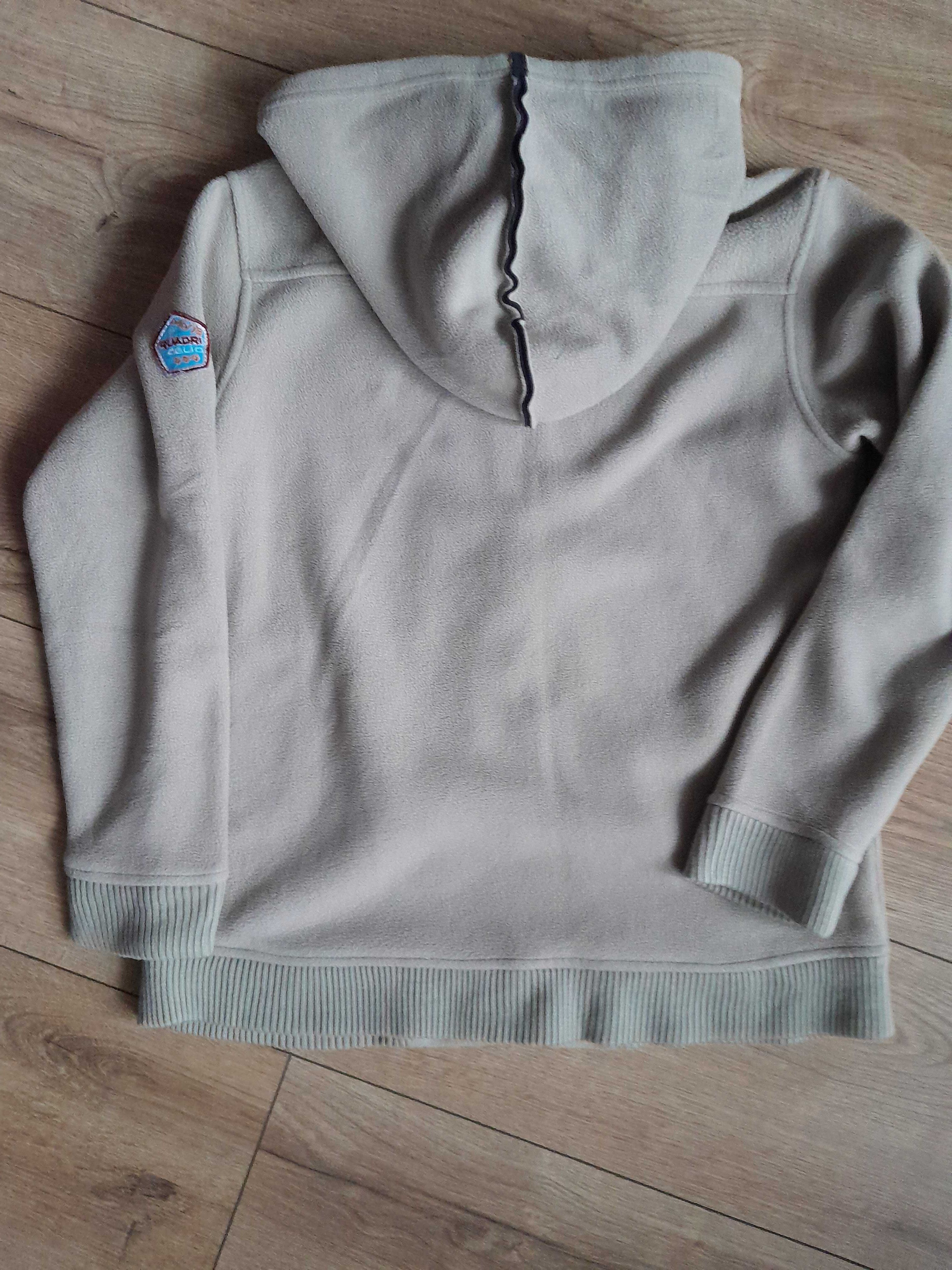 Gruby, beżowy polar z kapturem, rozmiar 140 cm.