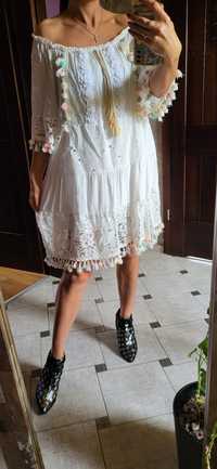 Włoska sukienka letnia bawełna gipiura koronka pompony boho Uni