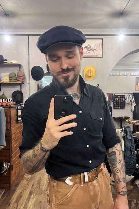 Kaszkiet Thomas Farthing granat navy len bakerboy retro peaky blinders