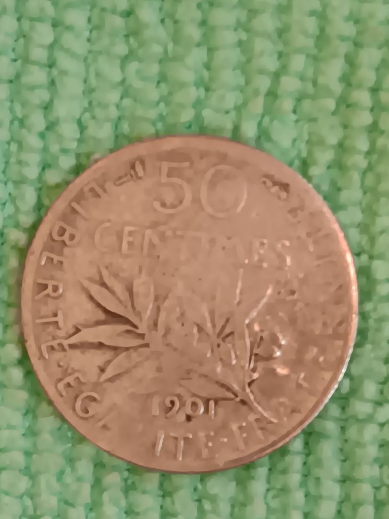 Moeda antiga de prata 50 cêntimos 1901 França!