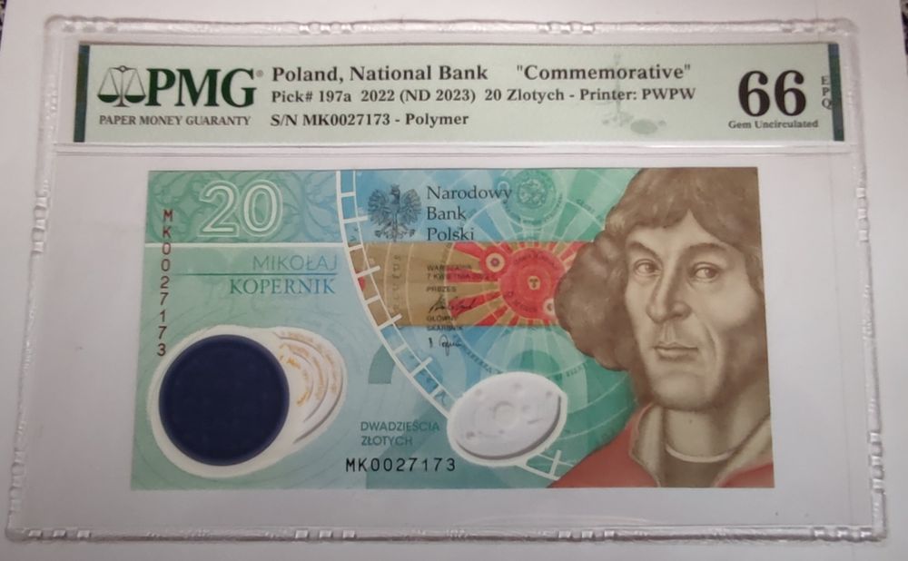 Banknot kolekcjonerski PWPW 20 zł M.Kopernik grading PMG66