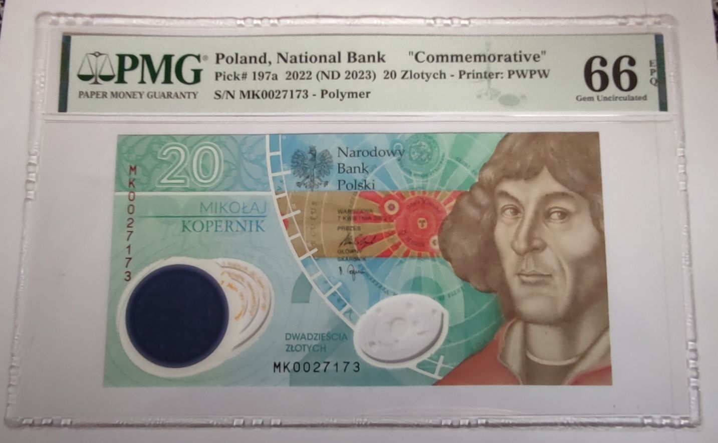 Banknot testowy PWPW 20 zł M.Kopernik grading PMG66