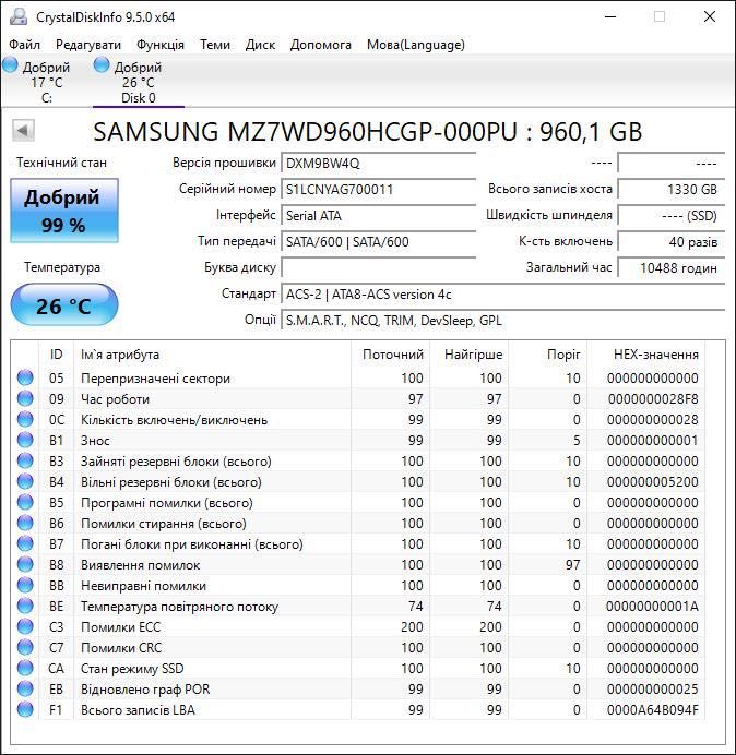 SAMSUNG SSD 960 gb SATA (server/data center)  Life: 99%