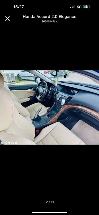 Honda Accord 2008r 2.0 B 156 KM. Białe skóry, bez wkładu.