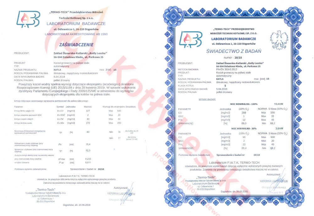 Kocioł piec c.o. 5 klasa KATLA 15 kW pellet ekoprojekt kotlyleszka