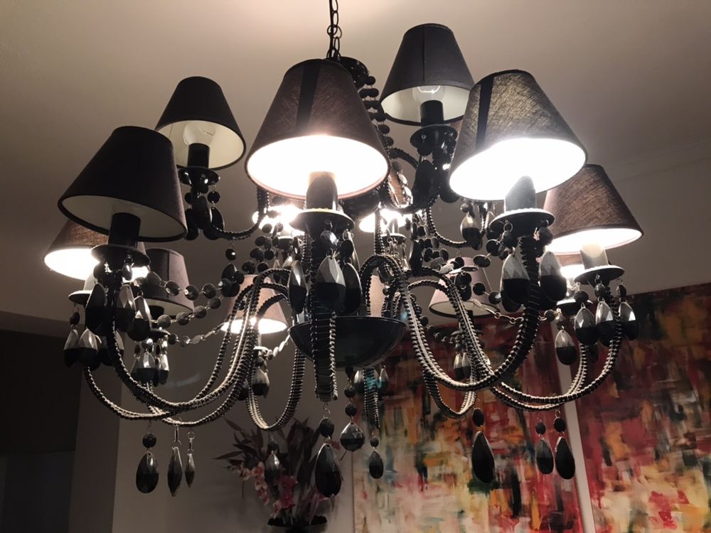 Candeeiro de teto vintage, estilo candelabro, 15 abajours, 15 braços